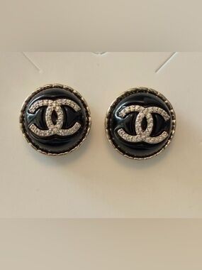CHANEL Black and Gold Crystal CC Button Stud Earrings